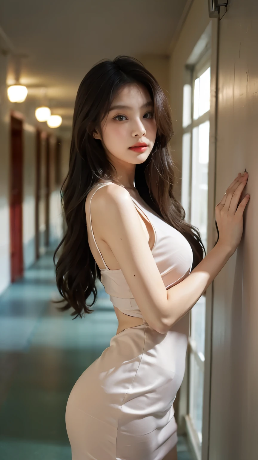 1 Girl,corridor,Soft Light,Chinese Beauty,Tight Fit,dress,Dark-haired,long hair,