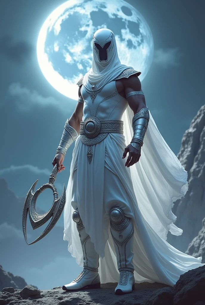 Tamil version moon knight white costume holding a chakram and dagger standing with god
Chandra dev as a avatar