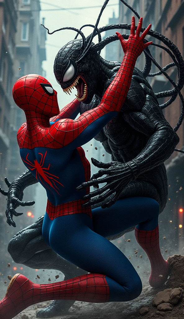 Spider-Man fights with every fiber of his being, trying to maintain control as the creature feeds his darkest doubts and fears. Symbiosis leaves the body, Retro comic style artwork, perfect composition,hyperrealistic,super detailed,high quality,sharp focus,studio photo,intricate details,highly detailed