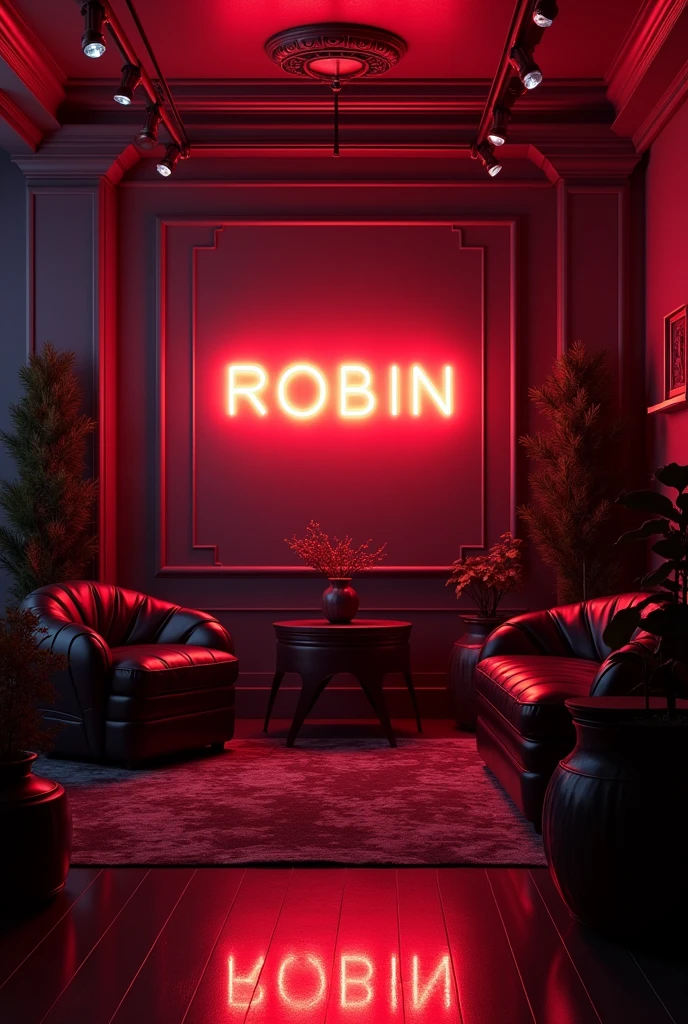 creat an image of expensive horror studio room with a subtle neon board with statement in bold "Robin" . make sure that none of the letters in the text is misspelled .
