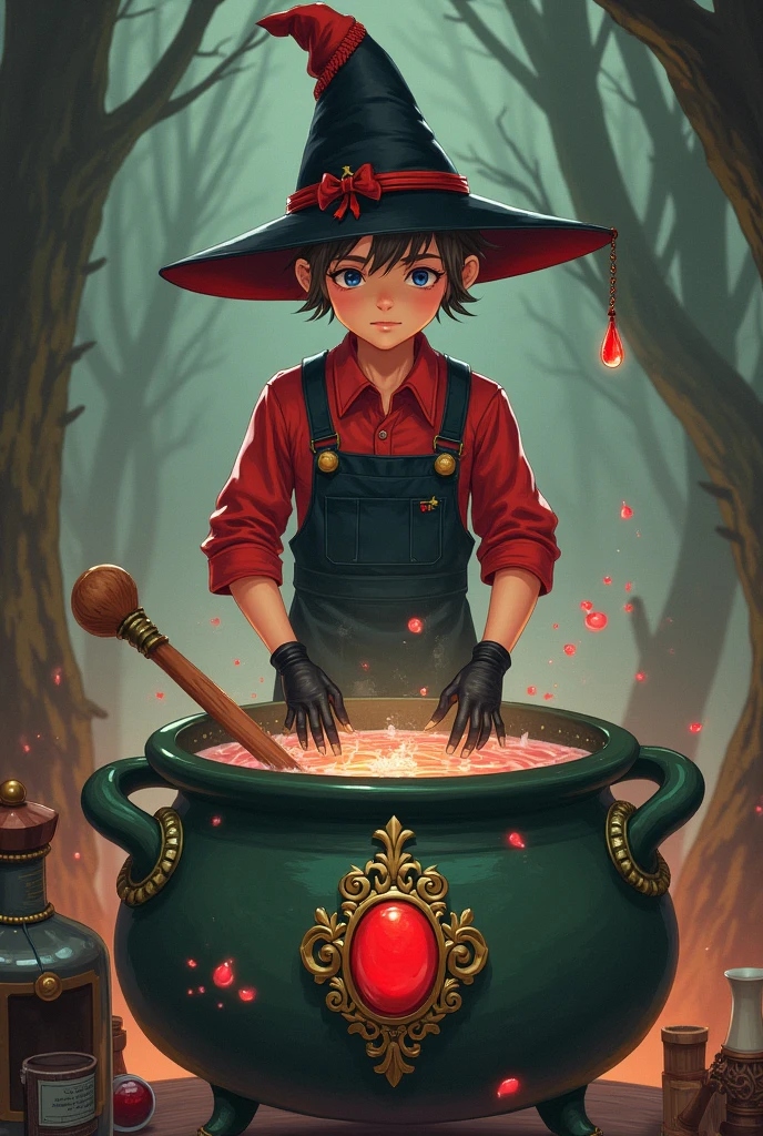 A boy wizard apprentice to an Alchemist wearing black gardening overalls over a red long-sleeved blouse, a white sneaker and a black hat with red pointy top and wears black fingerless gloves, make him make the transformation potion, he is in his magic cauldron, and your cauldron has a medallion with a red stone in the middle for decoration, he has short hair