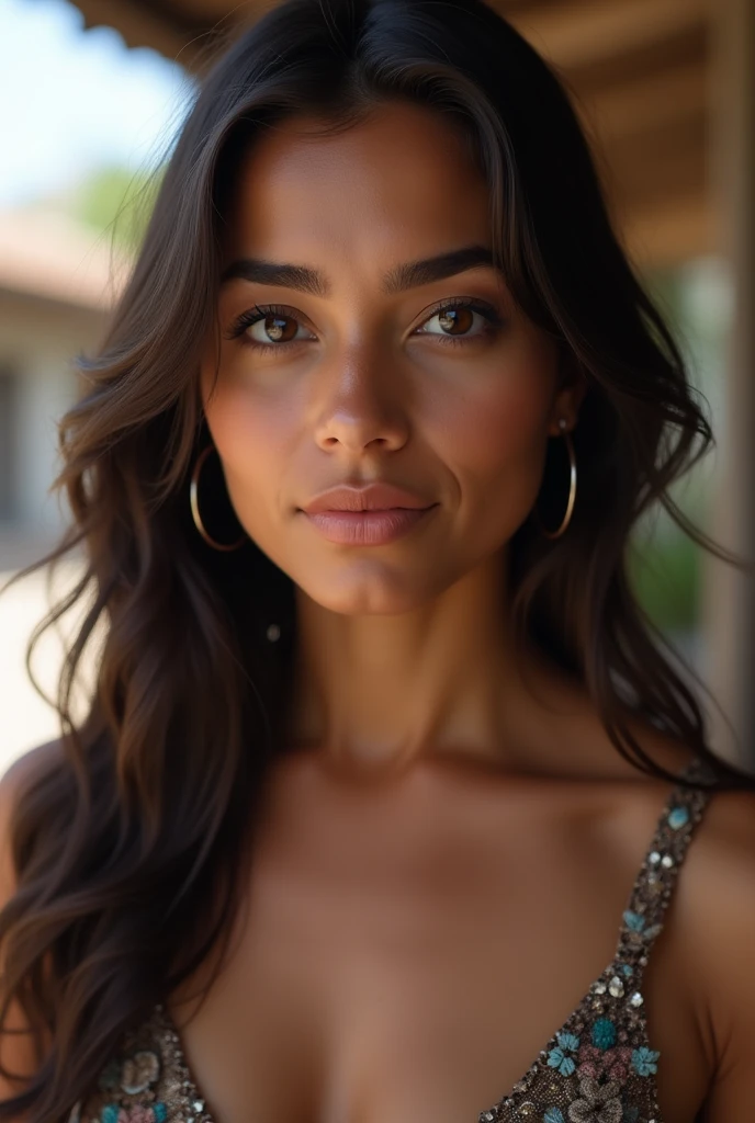 Créer une scène réaliste de style 4k d'une belle femme de 20 ans, avoir hâte de, visage sérieux mais élégant, peau bronzée couleur brune, forme du visage ovale, slightly with dark circles and Légèrement tombant upper eyelid, nez large, punta de la nariz Légèrement tombant, rides nasogéniales légèrement marquées, lèvres épaisses comme une femme noire, coin de la bouche ,Légèrement tombant, seins naturels extrêmement petits, photo du corps entier, taille de 167 cm, avec des vêtements décontractés, rue dans la ville de Quito en Équateur, (Peau très détaillée:1.2), 8K HD, Reflex numérique, éclairage doux, Haute qualité, grain de film, Fujifilm XT3