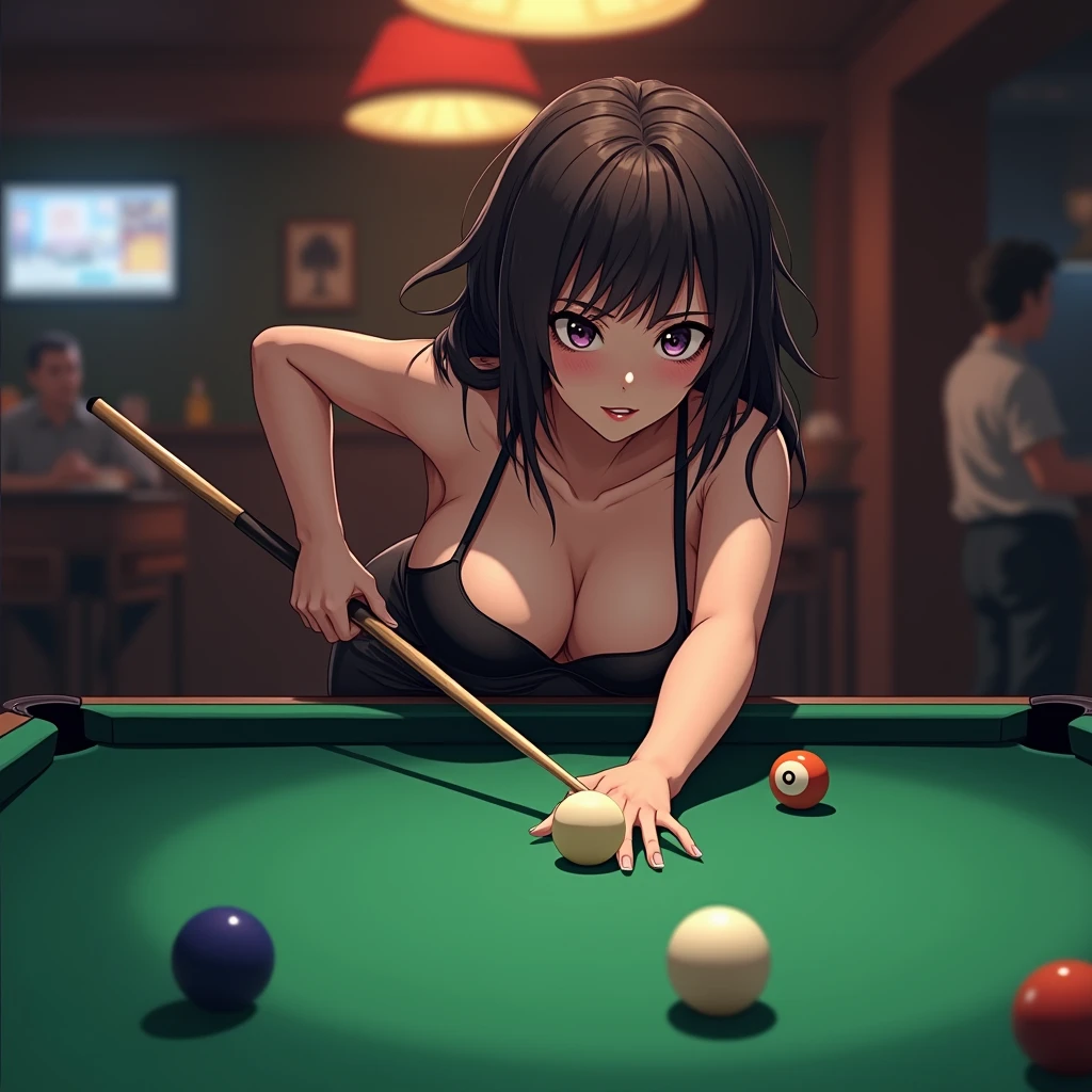 Anime Woman with huge breasts playing a game of pool 