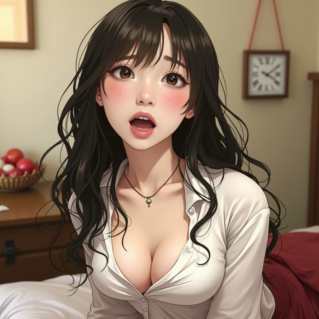 (spreading her legs for the camera:1.5)、(lying on your back on the bed:1.8)、(the skirt is turned up)、(I can see my vagina:1.8)、((No makeup:1.2))、(I can see my breast:1.8)、(disheveled clothing)、(realistic、Photoreal、super detailed、best detailed skins、highest quality、masterpiece、Super high resolution)、cute japanese woman、、high school girl、young girl、1 girl、have bangs、double eyelid、purity、double teeth、realistic肌タイプ、fluffy hair、red cheeks、(School uniform shirt)、white shirt with long sleeves and collar、(Dark blue skirt)、(Girly room)、bright atmosphere、8K RAW photo、High resolution、(very big round breasts:1.2)、beautiful eyes、detailed eyes、drawn in detail、long eyelashes、美しいdouble eyelid、beautiful and very thin legs、(Beautiful and very thin thighs),simple necklace、nude short skirt、Quite embarrassed look、red cheeks,duck mouth、evil sex smile、evil sex look、beautiful and very thin legs、Beautiful and very thin thighs,(Angle from directly above)、Detached tie, masturbation, climax squirting, wet vagina, wet breast, masturbation with dildo, charming face climax masturbating.