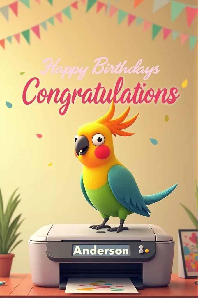 A birthday theme image written "Congratulations Anderson" with a cockatiel on top of a printer.