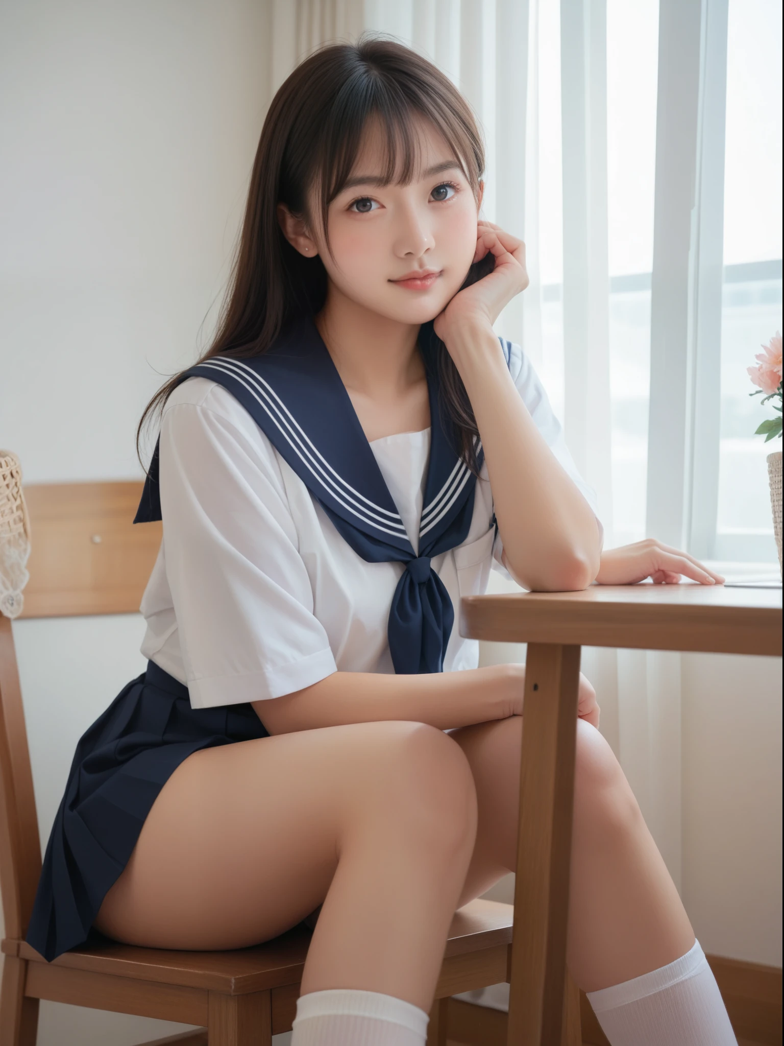 score_9, score_8_superior, score_7_superior,indoor,
One girl, Sailor suit,Sitting , table, Panty shot, Cute face, detailed face and eyes
