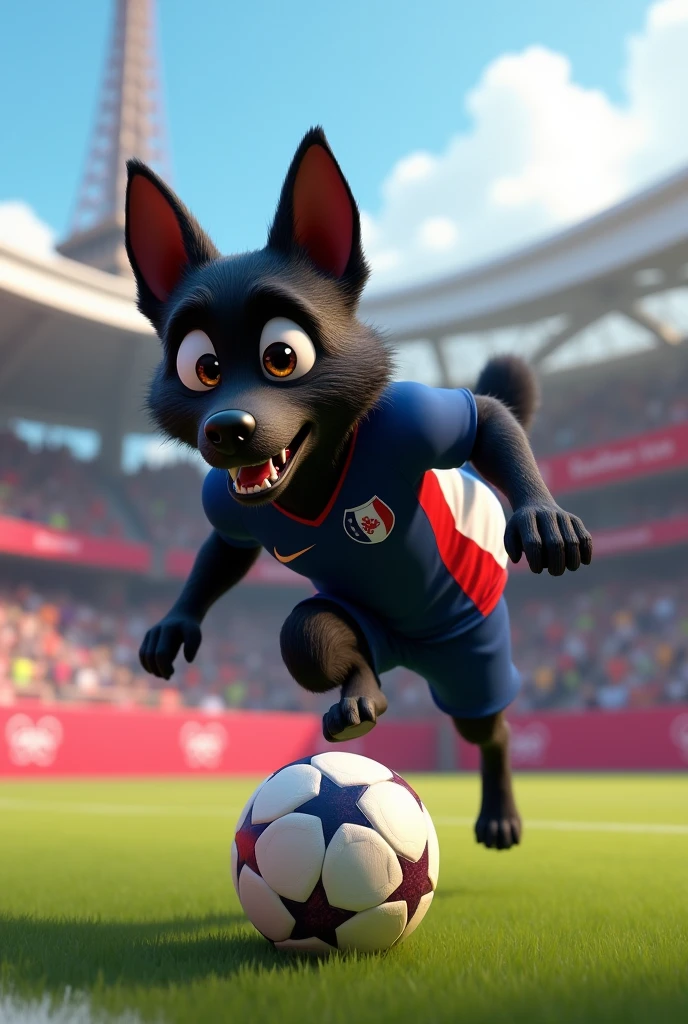 CREATE A BLACK DOG THAT LOOKS LIKE A BORDER COLLIE BUT ALL BLACK WITHOUT WHITE AS IF IT WAS PLAYING FOOTBALL AT THE 2024 PARIS OLYMPICS WITH A DISNEY PIXAR STYLE DESIGN