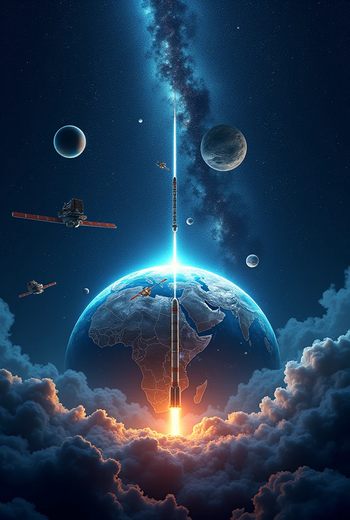 Design a celebratory and educational image for India's National Space Day. The scene should depict a timeline of India's space achievements, starting with the early rockets like the SLV-3, progressing to major milestones such as Chandrayaan, Mangalyaan, and the Gaganyaan mission. Arrange these elements in a visually appealing way, with each milestone connected by a path of stardust. In the background, showcase a night sky filled with constellations, planets, and distant galaxies. Include a large, glowing image of the Earth with the Indian subcontinent in focus, surrounded by satellites in orbit. The overall tone should be one of national pride, history, and a bright future in space exploration."