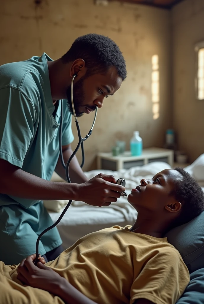 Stethoscope in use in a practitioner hand on a patient chest lying on a bed in a African refugees camp