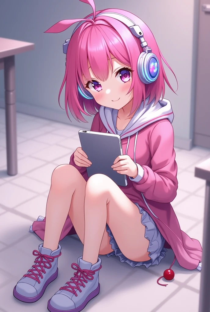 anime girl cute from the side sitting on the ground with spread legs, sitting on your lap, with a pad in hand, pink hair and glowing headphones. W miarę stonowane kolory, pink and purple colors