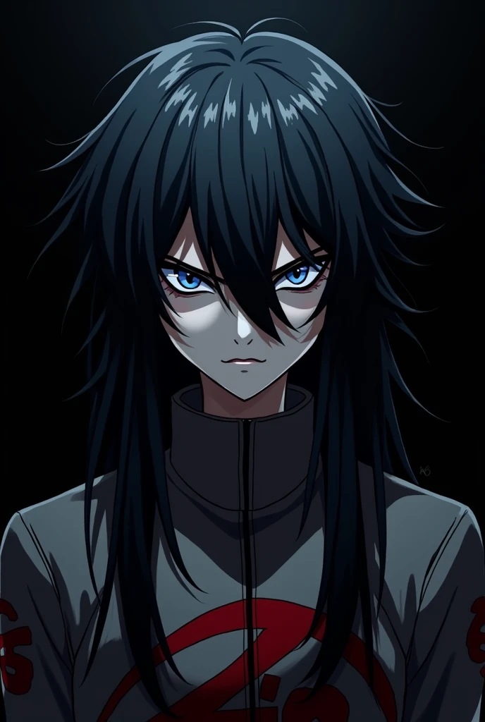 @Meta AI Create an anime-style profile picture with a dark, black background. The character should have long, messy black hair covering half of their face, with striking blue eyes showing an intense, angry expression. They should wear a jacket with a red and white Demon Slayer pattern. The overall vibe should be dark and mysterious, with the character exuding a powerful and dangerous aura."