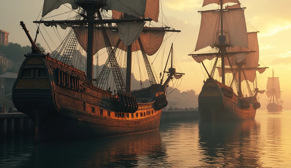 Ships of the Invincible Armada , rotting, rotos, in a Galician port in the 18th century. Cinematic plan, Sunset, Image of sadness, Abandonment, poverty.