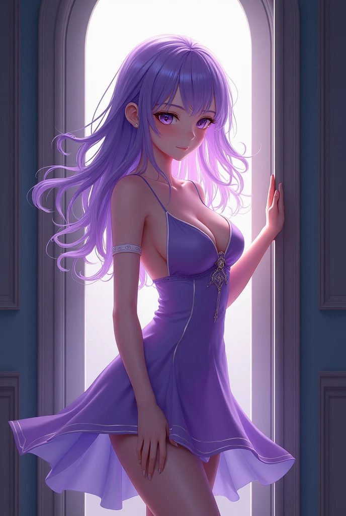 anime girl in a purple outfit standing in front of a door, guweiz, cute anime waifu in a nice dress, anime visual of a cute girl, seductive anime girl, artwork in the style of guweiz, smooth anime cg art, ayaka genshin impact, guweiz on pixiv artstation, guweiz on artstation pixiv