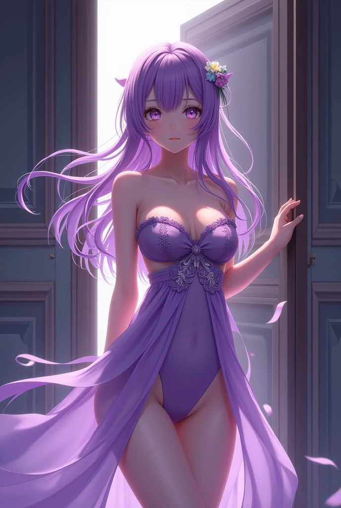 anime girl in a purple outfit standing in front of a door, guweiz, cute anime waifu in a nice dress, anime visual of a cute girl, seductive anime girl, artwork in the style of guweiz, smooth anime cg art, ayaka genshin impact, guweiz on pixiv artstation, guweiz on artstation pixiv
