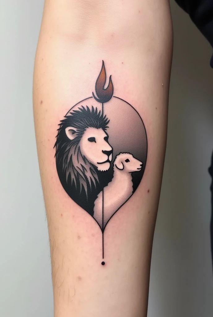 Minimalist tattoo of a lion's face looking to the left, Below it is the face of a lamb looking to the right and a large flame between them.
