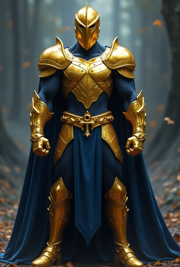 Superhero, golden knight helmet, golden ankh amulet, golden gloves and boots, golden belt, dark blue costume, magical power,