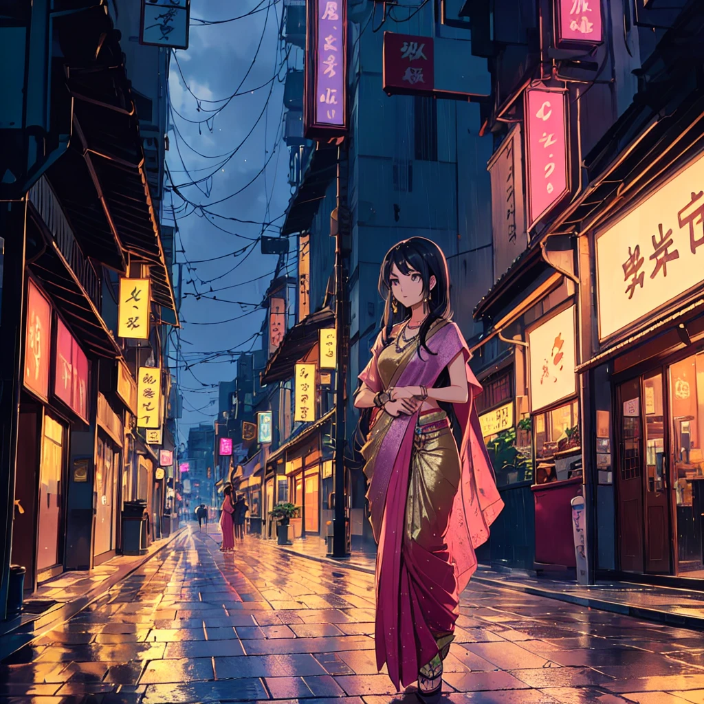 Digital illustration in an anime style, featuring a young woman with long, flowing black hair and fair skin. She is wearing a traditional pink sari with intricate gold embroidery, and gold jewelry including earrings and a necklace. The background depicts a rainy, neon-lit street scene with reflections on the wet pavement, showcasing buildings with glowing signs and parked cars. The overall color palette is a mix of cool blues and purples, contrasted with the warm pinks and golds of the subject's attire. The atmosphere is both serene and vibrant, capturing a blend of traditional and modern elements.