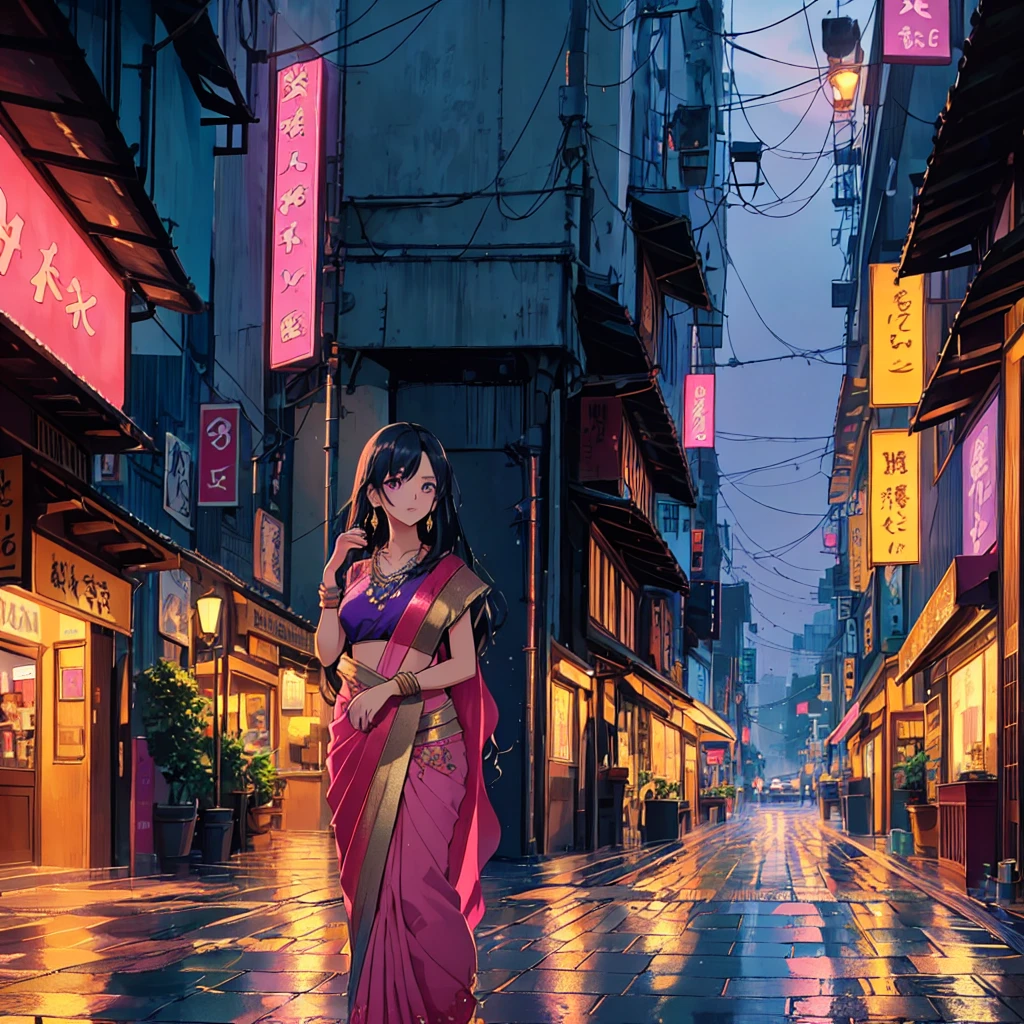 Digital illustration in an anime style, featuring a young woman with long, flowing black hair and fair skin. She is wearing a traditional pink sari with intricate gold embroidery, and gold jewelry including earrings and a necklace. The background depicts a rainy, neon-lit street scene with reflections on the wet pavement, showcasing buildings with glowing signs and parked cars. The overall color palette is a mix of cool blues and purples, contrasted with the warm pinks and golds of the subject's attire. The atmosphere is both serene and vibrant, capturing a blend of traditional and modern elements.