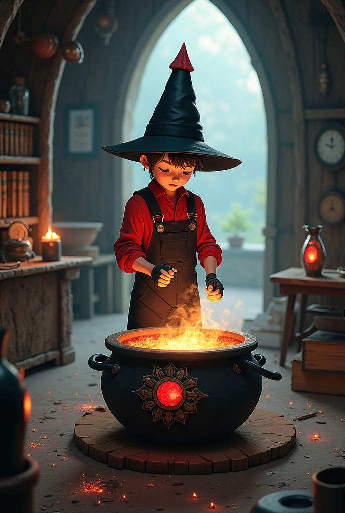 An Alchemist apprentice wizard wearing black gardening overalls over a red long-sleeved blouse, a red and white sneaker and a black hat with red pointy and wears black fingerless gloves, make him make the transformation potion