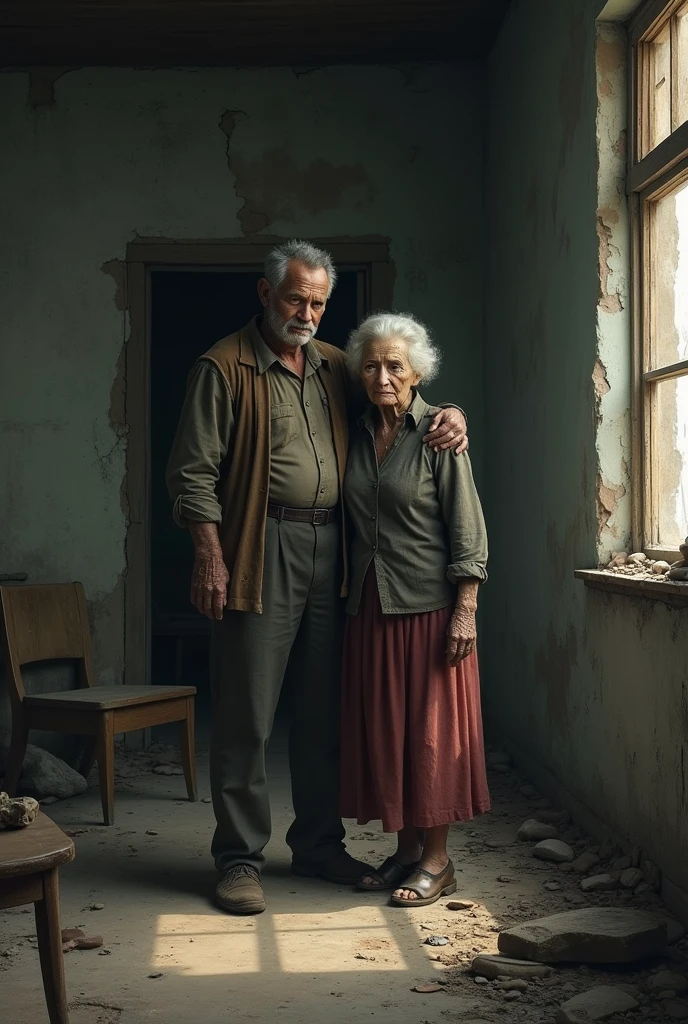 A man stands in a dilapidated house next to his old mother