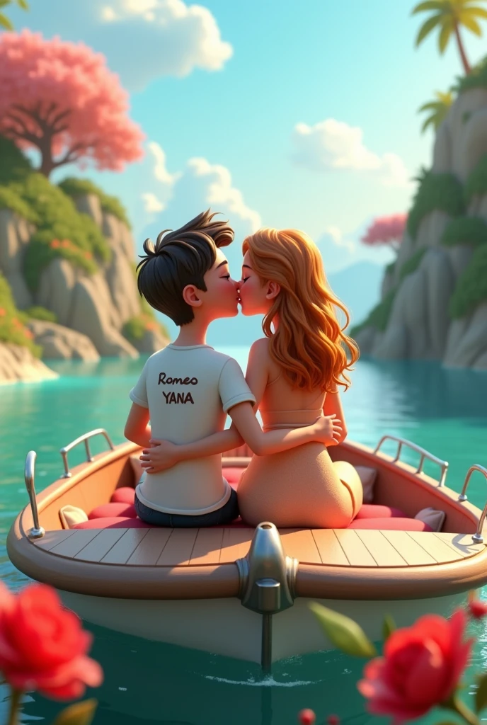 A couple siting on the beautiful boat boyfriend lips Kiss her girlfriend with red rose. Boy wearing a t-shirt wirten his name Romeo and girl wearing a t-shirt writen her name Yana 3d cartoon