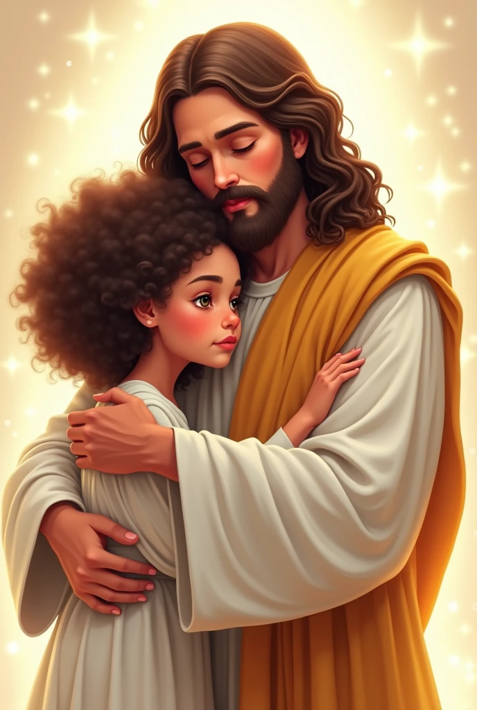 Lord Jesus hugging a girl with curly hair cartoon png
