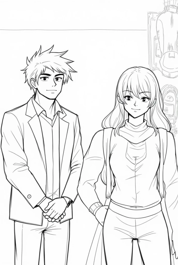 Create a lineart illustration Scenario: Jeremy may be explaining the situation of the brotherhood, mentioning the arrival of Susan Behan, with an expression of seriousness after his previous more relaxed demeanor. Notwen may be shown with a thoughtful or slightly pleased expression, reflecting her approval.