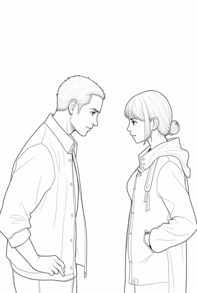 Create a lineart illustration Scenario: Jeremy may be explaining the situation of the brotherhood, mentioning the arrival of Susan Behan, with an expression of seriousness after his previous more relaxed demeanor. Notwen may be shown with a thoughtful or slightly pleased expression, reflecting her approval.