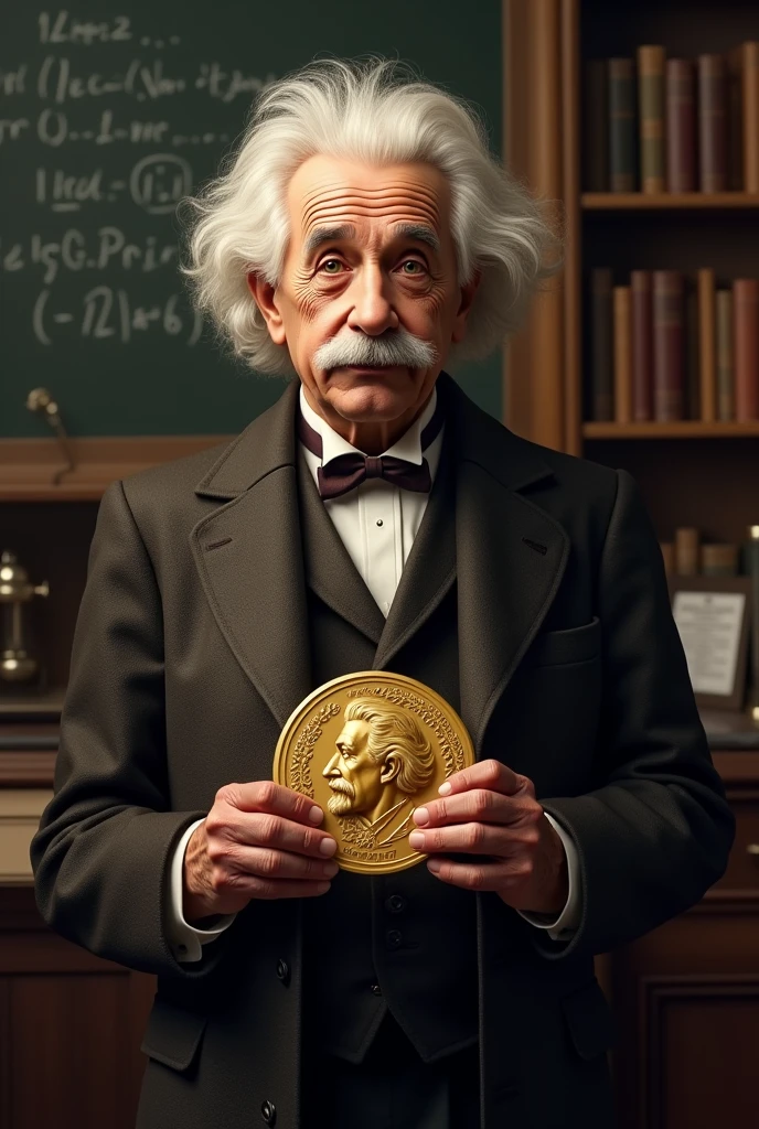 

2. **Nobel Prize**: Generate an image of Albert Einstein holding the Nobel Prize medal. The background could include elements related to science or physics, with a focus on a prestigious and celebratory atmosphere.

