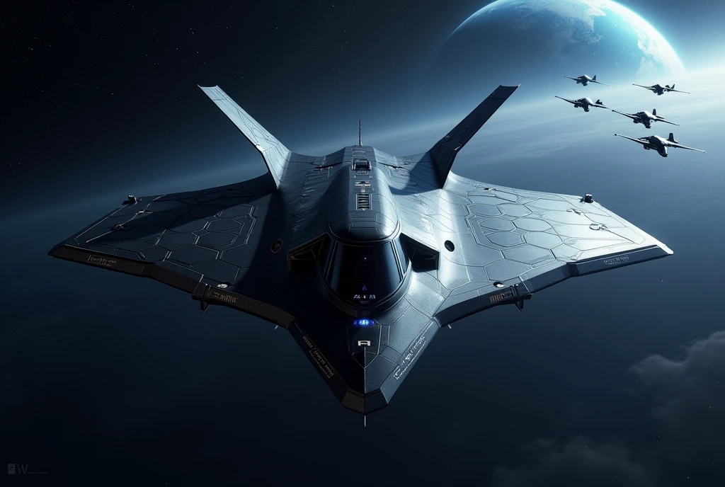 Hyper-advanced 7th generation space-capable stealth fighter, absolutely no vertical stabilizers or tail surfaces of any kind. Perfectly symmetrical flying wing design with ultra-smooth blended body. Extremely low-observable shape with faceted surfaces and no visible joints or seams. Completely flat upper and lower surfaces with no protrusions. Unmanned, no cockpit visible. Ultra-black light-absorbing coating with subtle hexagonal pattern. Retractable weapon bays seamlessly integrated into the wing-body. Quantum AI core hidden within. Swarm of small stealthy drones in symmetrical formation around the craft. Advanced space propulsion system with faint blue glow at rear edges only. Self-repairing smart skin with uniform texture. Holographic displays projected internally. Flying in deep space with Earth as a small blue marble in far background, surrounded by vivid starfield. Photorealistic, highly detailed, dramatic lighting emphasizing stealth contours, 8K resolution, front three-quarter view showing perfect bilateral symmetry and sleek, tailless profile.