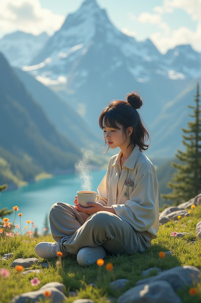 A girl sitting in mountains with a cup of tea and enjoying the nature