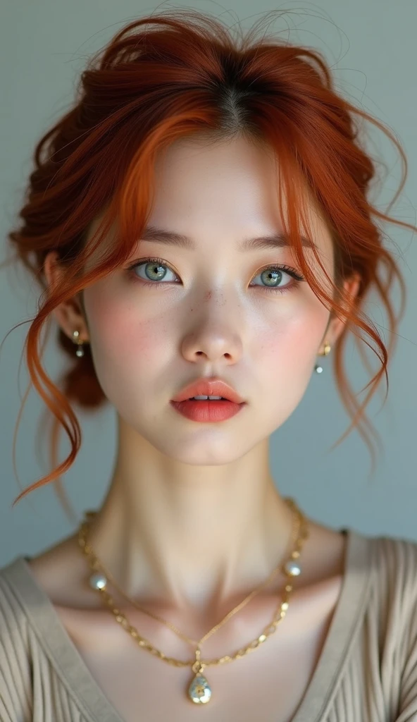 (perfect lighting, perfect perspective, 8k raw,korean girl, Korean features, natural red hair,1girl, beautiful jaw, High detailed, perfect boobs, realistic, 8k raw,face detailed, Red hair, gazing at viewer, jewelry, (bangss) freckles (blue colored eyes) shorth hair, fully body, short hair style, short red hair style)