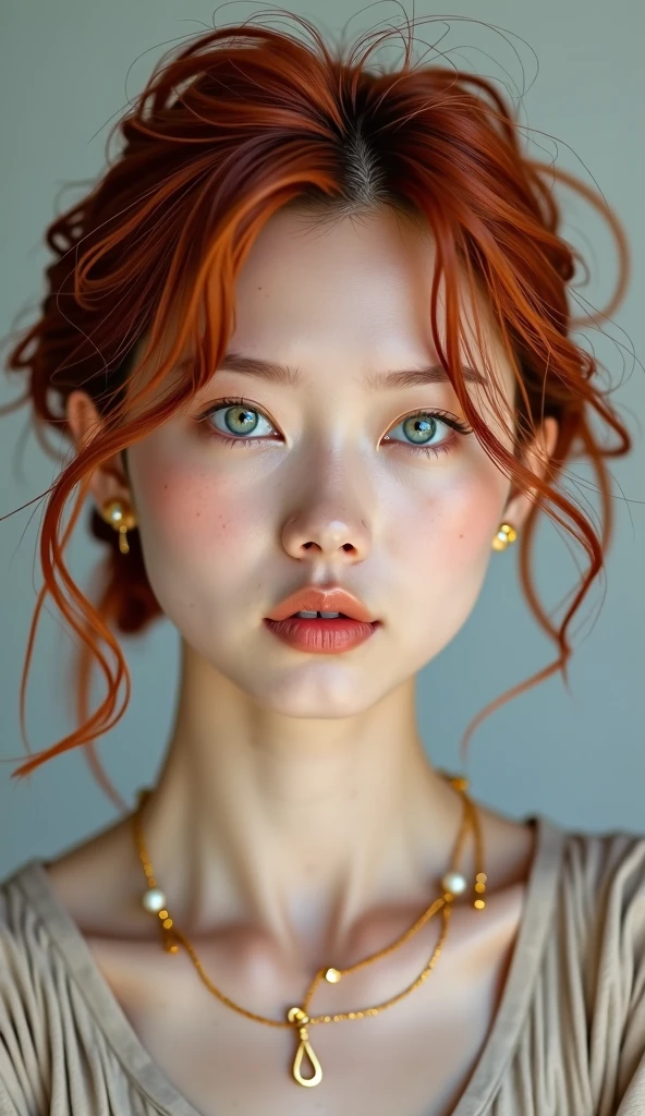(perfect lighting, perfect perspective, 8k raw,korean girl, Korean features, natural red hair,1girl, beautiful jaw, High detailed, perfect boobs, realistic, 8k raw,face detailed, Red hair, gazing at viewer, jewelry, (bangss) freckles (blue colored eyes) shorth hair, fully body, short hair style, short red hair style)