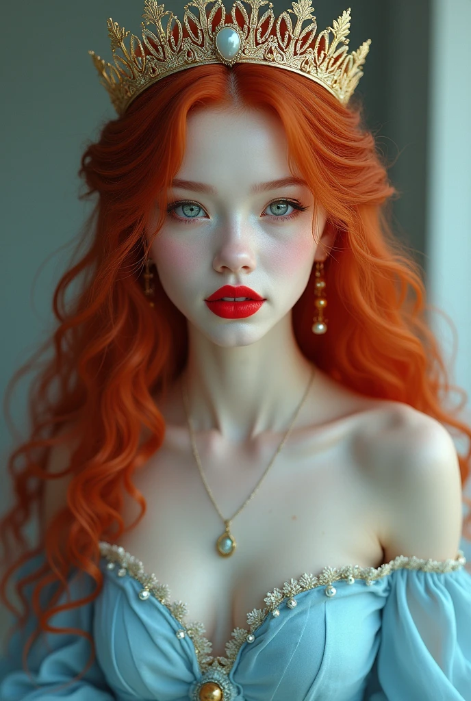One of red hair lips red as blood skin white as snow baby blue dress and gold crown