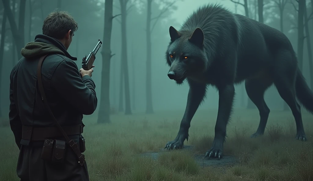 Jean Chastel, a french hunter, is ready to shoot the Beast of Gévaudan a huge werewolf, with his gun pointed. He is in a clearing in the forest, with the werewolf in his sights. On the grass (or common) is visible, creating a metallic shine that contrasts with the dark and gloomy surroundings. The tension is palpable in the scene.