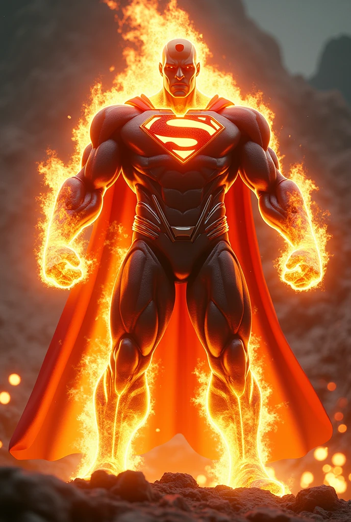 Full body a superman fused with ghost rider, standing facing the camera, cape on fire, chains of fire on the fists, Superman symbol on the chest, superman uniform on fire, realistic, a very muscular body in the renatosphere, epic 3D realism, swollen muscles, big fists, best in wlop, kan liu, daz3d, trends in CGsociety, hyper-detailed realistic style, full cosplay, by Ric Nagualero, album, hyung tae kim, 8k, unreal engine 5, cinematic composition, hyper-detailed realistic portraits, 3D game art, cg society, fantasy art, season hd art, realistic aesthetic, cinematic lighting, edge light, soft light, film edge light, fine glow, ultra-detailed, 8k, realistic use of light and color, cinematic light, rendered in cinema4d 500–1000 ce -- ar 3:4 --niji 6