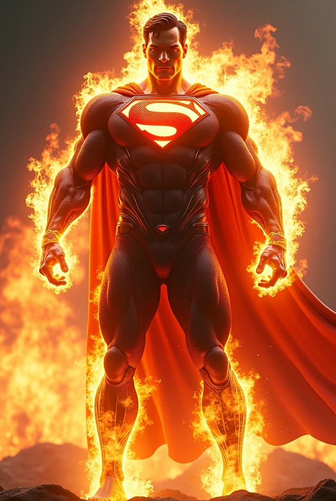 Full body a superman fused with ghost rider, standing facing the camera, cape on fire, chains of fire on the fists, Superman symbol on the chest, superman uniform on fire, realistic, a very muscular body in the renatosphere, epic 3D realism, swollen muscles, big fists, best in wlop, kan liu, daz3d, trends in CGsociety, hyper-detailed realistic style, full cosplay, by Ric Nagualero, album, hyung tae kim, 8k, unreal engine 5, cinematic composition, hyper-detailed realistic portraits, 3D game art, cg society, fantasy art, season hd art, realistic aesthetic, cinematic lighting, edge light, soft light, film edge light, fine glow, ultra-detailed, 8k, realistic use of light and color, cinematic light, rendered in cinema4d 500–1000 ce -- ar 3:4 --niji 6