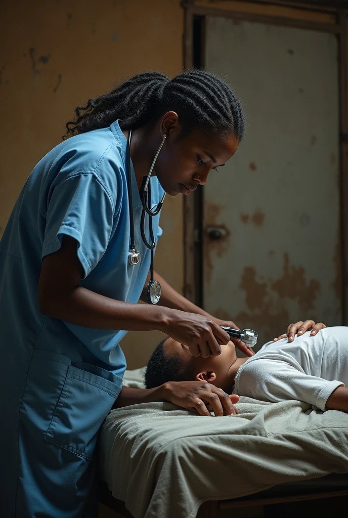 Stethoscope in use in evidence in a practitioner hand on a patient chest lying on a bed in a African refugees camp


