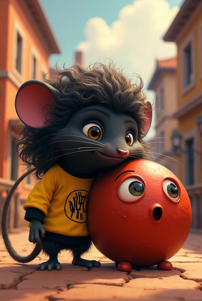 Disney Pixar cover with title letters (RATALITO and the meatball) appearance a mutant black mouse with long curly hair clothing a borussia dortmund sweatshirt next to him a giant meatball with eyes