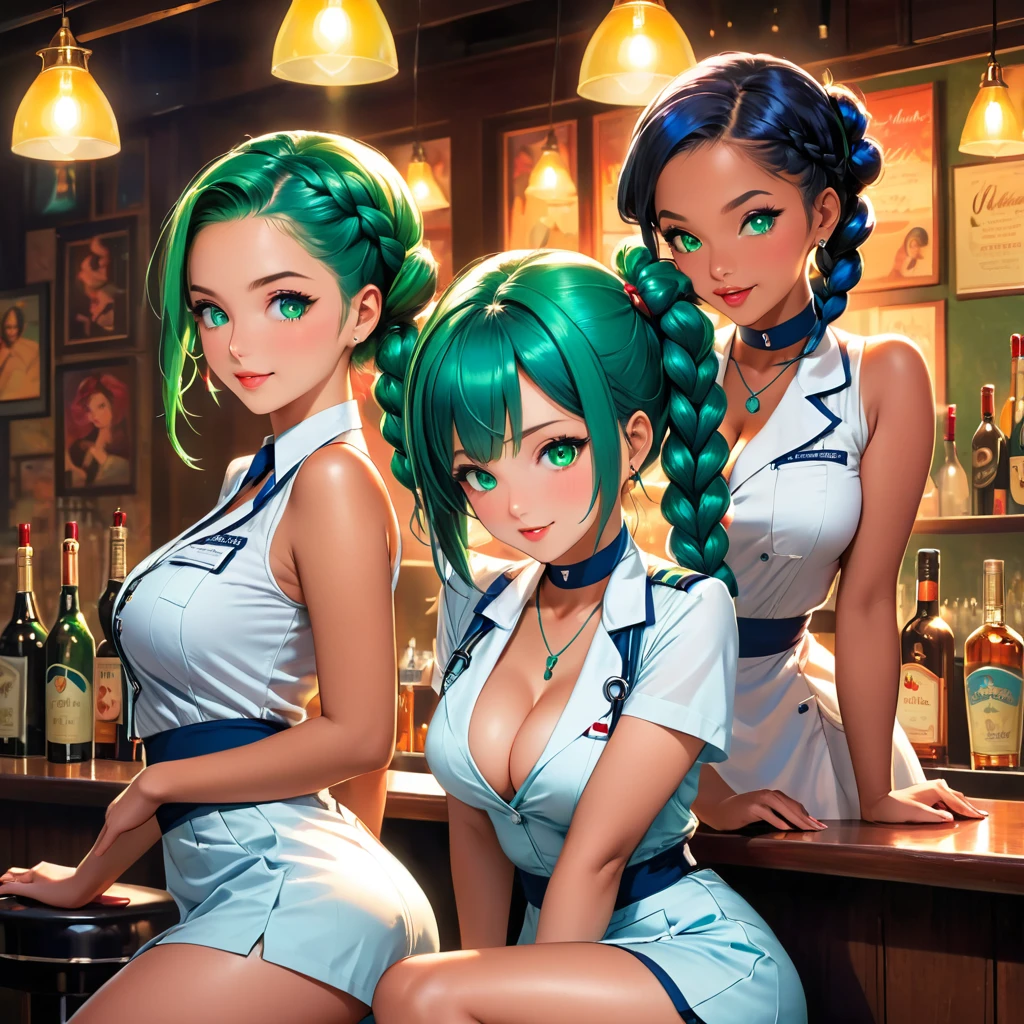 Third person view, The male bartender with huge  and 5 human women, Vin, Naz, Jae, Indi and Maya, the enticing scene of the "Analb" meeting no 5, where a quaint, dimly lit bar is the stage for an erotic e of playful debauchery. The walls are adorned with vintage posters, and a mellow bossa nmelody serenades the air. In the spotlight are Vin, Naz, Jae, Indi, and Maya, five striking women dressed in scandalously short nurse's uniforms that leave little to the imagination. Vin, with her piercing blue eyes and green hair styled in middle-parted double braids, stands at the bar with Naz, whose green eyes sparkle mischievously under the soft glow of pendant lights. Both kneel on the counter, their barely covered derrières teasingly aimed towards the entrance. Indi and Maya, their hair styled in asymmetrical bobs, one black and one blue, are eagerly engaging in an intimate display of affection, tenderly masturbating Vin aes. Jae is enjoying the vieultiple views:1.2)