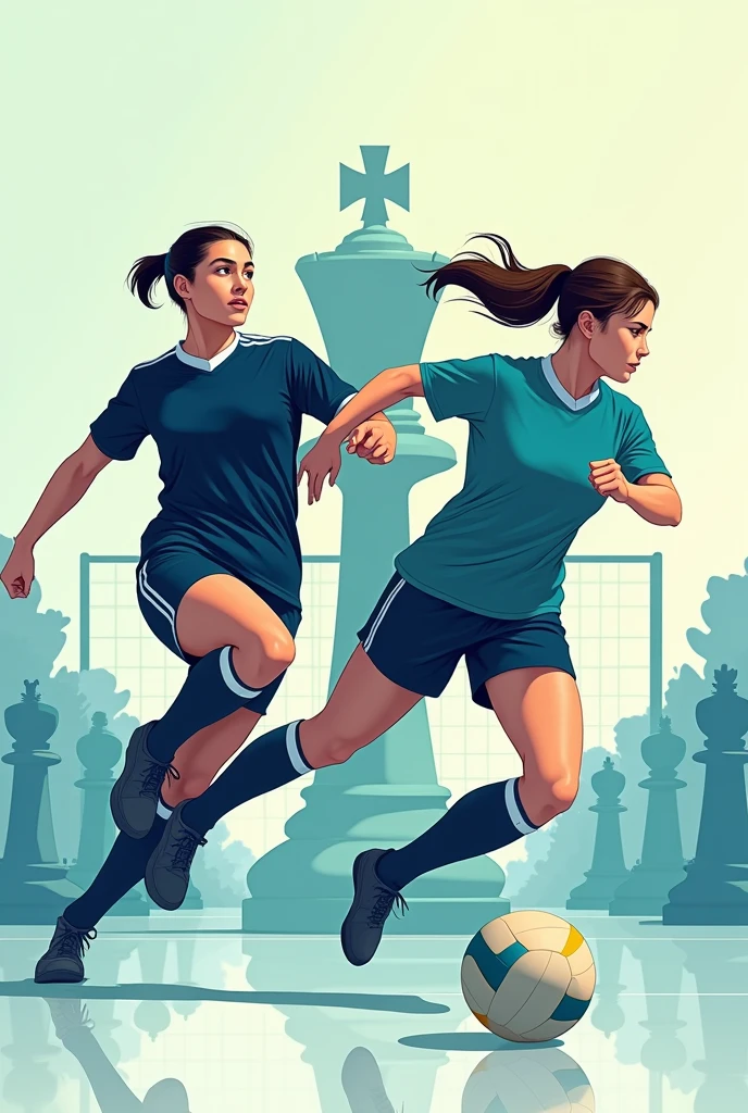 "Create a highly realistic poster background featuring two athletes, a male and a female, in dynamic poses for volleyball and soccer. The athletes should wear uniforms in dark blue and teal. Incorporate a subtle chess motif, such as a faint pattern or silhouette of a hybrid pawn and queen with a crown, integrated into the background. The chess element should be discreet yet noticeable. Use secondary colors like light blue, soft blue, bright yellow, and muted green to highlight details and add depth to the scene. The design should be dynamic, professional, and slightly anime-inspired, but primarily realistic. Ensure the overall look is clean and polished, suitable for a serious and professional environment like SENATI."