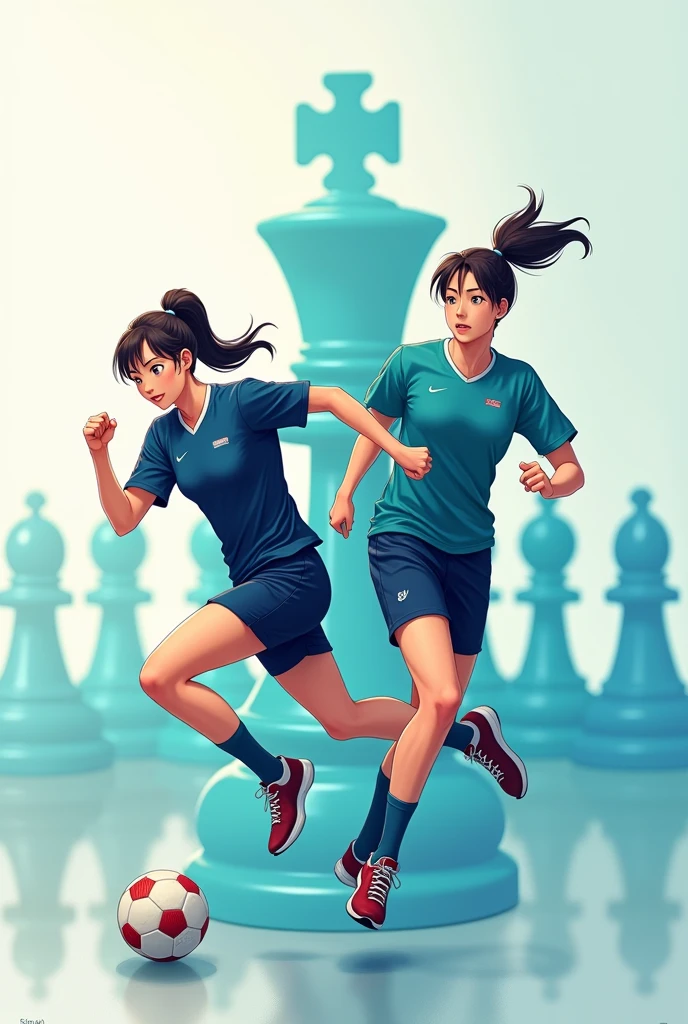 "Create a highly realistic poster background featuring two athletes, a male and a female, in dynamic poses for volleyball and soccer. The athletes should wear uniforms in dark blue and teal. Incorporate a subtle chess motif, such as a faint pattern or silhouette of a hybrid pawn and queen with a crown, integrated into the background. The chess element should be discreet yet noticeable. Use secondary colors like light blue, soft blue, bright yellow, and muted green to highlight details and add depth to the scene. The design should be dynamic, professional, and slightly anime-inspired, but primarily realistic. Ensure the overall look is clean and polished, suitable for a serious and professional environment like SENATI."