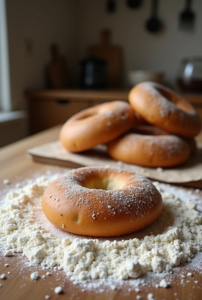 Imagine that you are a  in the kitchen, sitting on the table and cooking something, a cook, there are bagels all around in flour