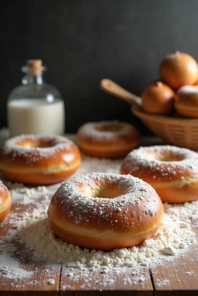 Imagine that you are a  in the kitchen, sitting on the table and cooking something, a cook, there are bagels all around in flour