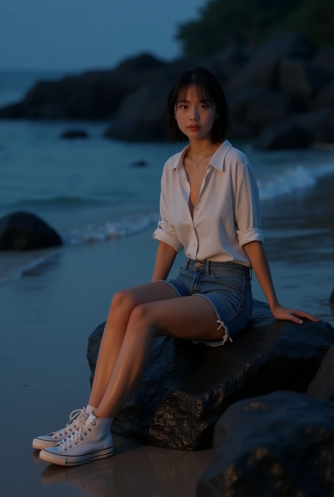 Thai cute girl 18 wet short hair white wet linin shirt short jeans converse snitchers sitting on the black rock on the beach at night time ,photo realistic