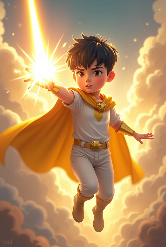 A 10 year old boy, he has short straight black hair, he has white skin, he has a golden cape and white clothes, he flies and he has a ray of light in his hand.
