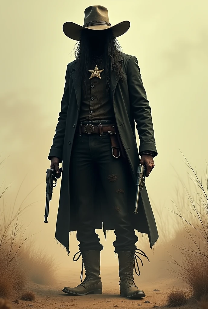 He is 1.80 meters tall, with long, greasy hair and a deteriorated cowboy hat on his head. His face appears to lifeless , with a lifeless tone.His eyes are black and empty. He wears a black trench coat with a sheriff's badge, dark pants, and boots, and carries a revolver in each hand. exuding a heavy and dark energy that terrifies everyone he encounters. old west