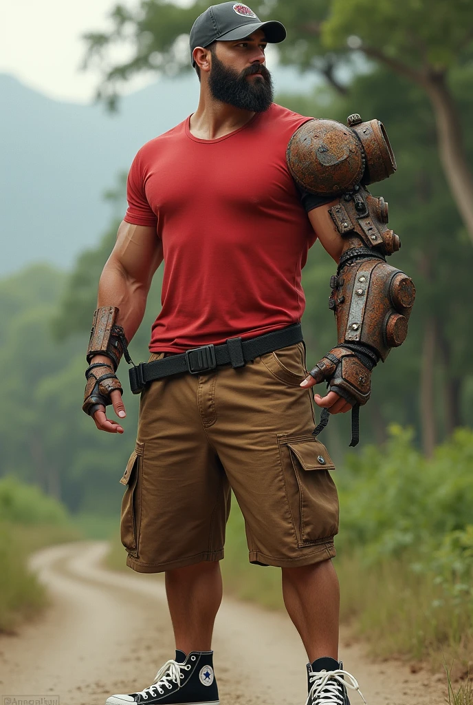 Muscular man wearing a shirt with long shorts Long loose shorts With pockets on the sides with converse sneakers red T-shirt and brown shorts Long short, Normal musculature With beard and baseball cap Realistic musculature From the palm of his hand to his forearm, he wears a worn, rusted part of a steampunk mecha armor only on that part of his body