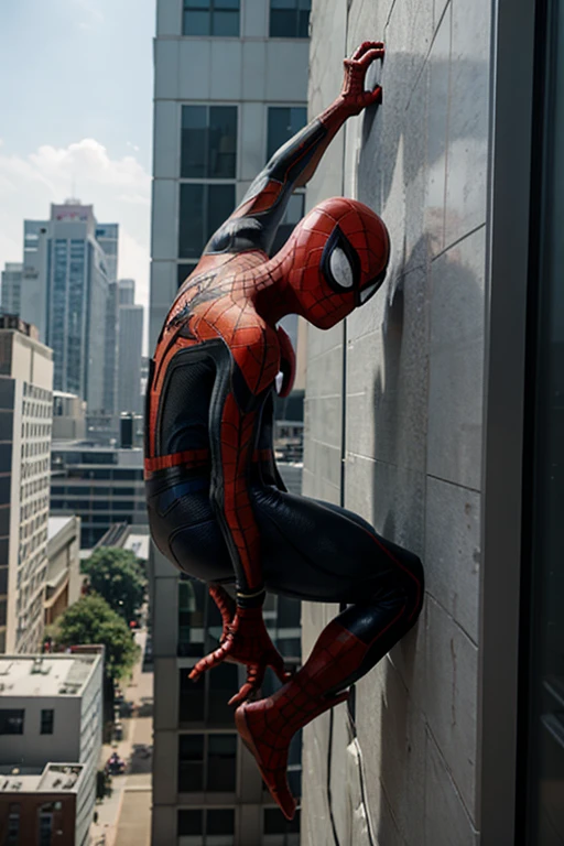 create a spiderman image, climbing a wall of a new building, in 3d the image