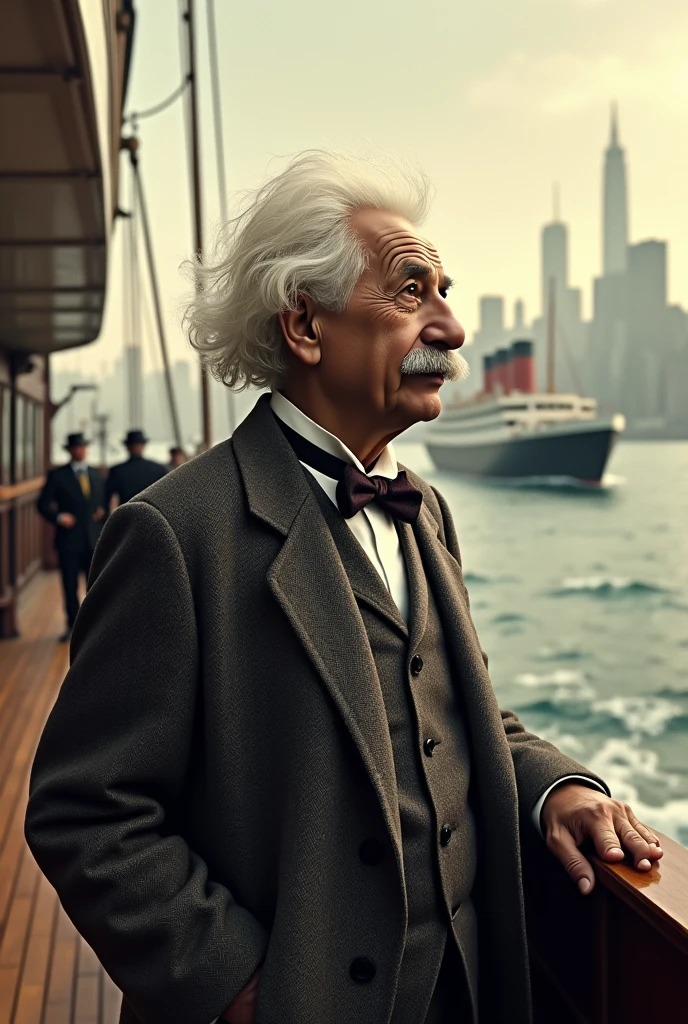 3. **Immigration**: Create an image of Albert Einstein arriving in the United States in the 1930s. Include elements such as an ocean liner or an immigration checkpoint, with a historical New York City skyline in the background.